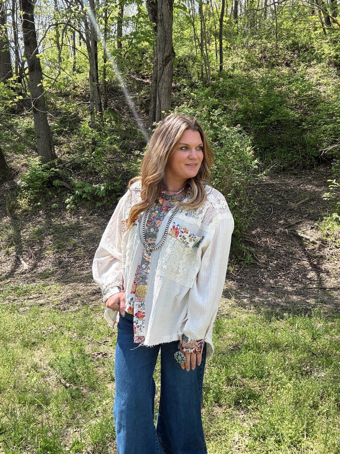 White Lace + Multi Color Button Down