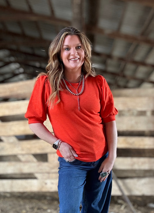 Orange Puff Sleeve Round Neck Top