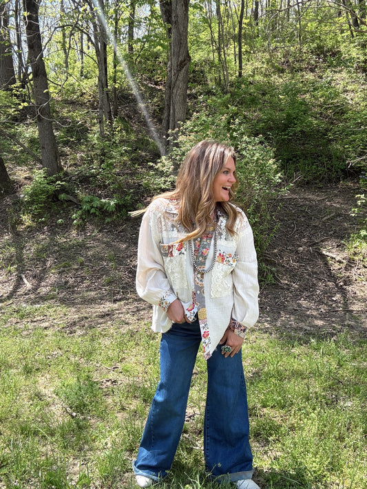 White Lace + Multi Color Button Down