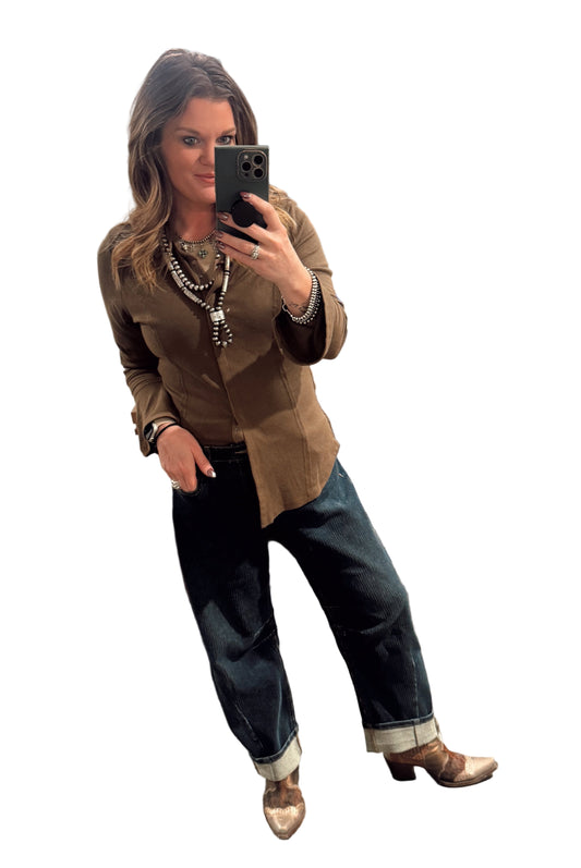 VINTAGE WASHED SNAP BUTTON BELL SLEEVE SHIRT TOP