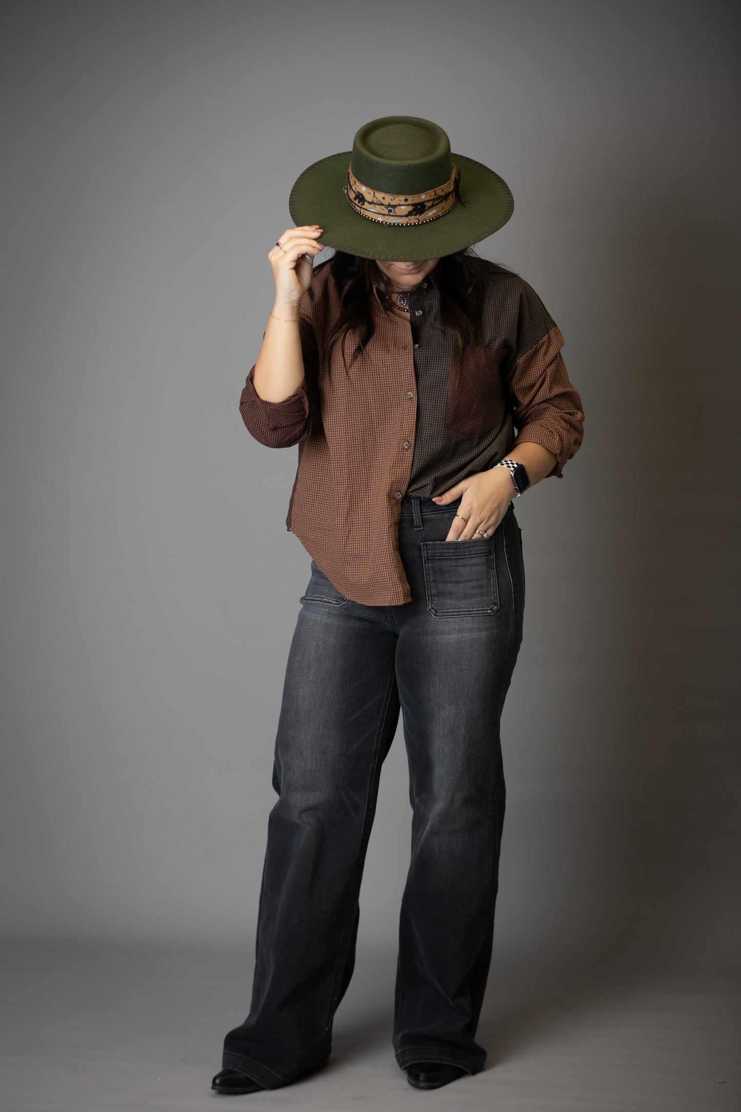 PLAID COLORBLOCK BUTTON DOWN TOP