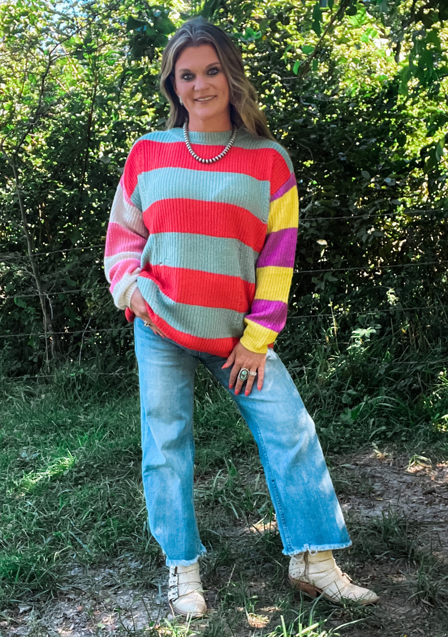 Coral Grey Stripe Mix Knit Sweater