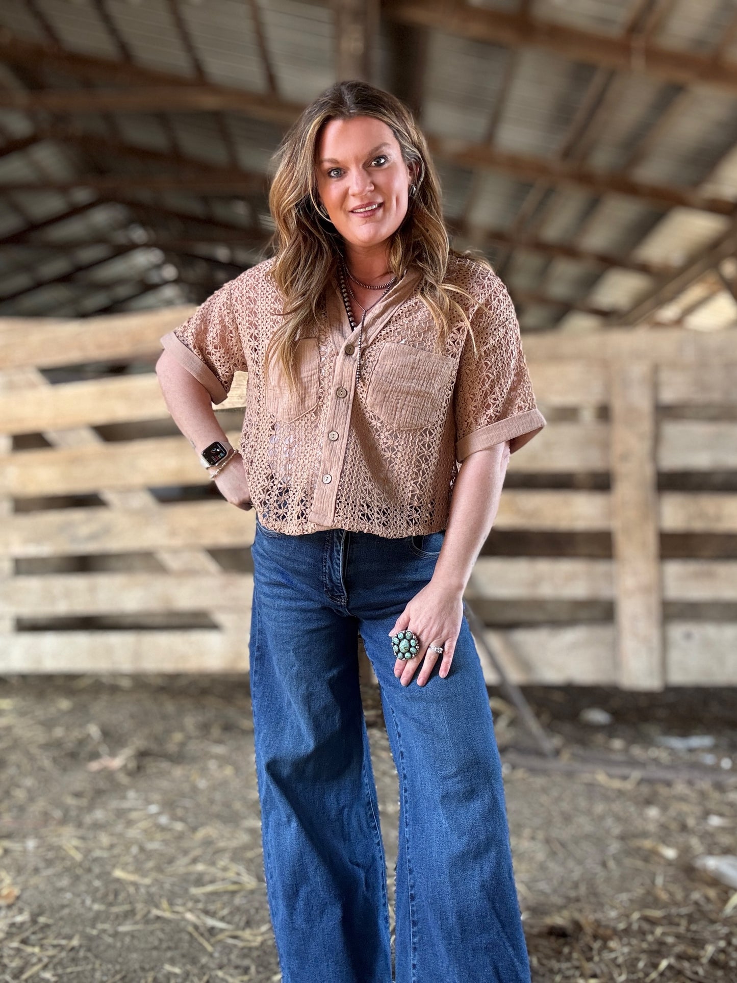 Short Sleeve Crochet Fabric Shirt