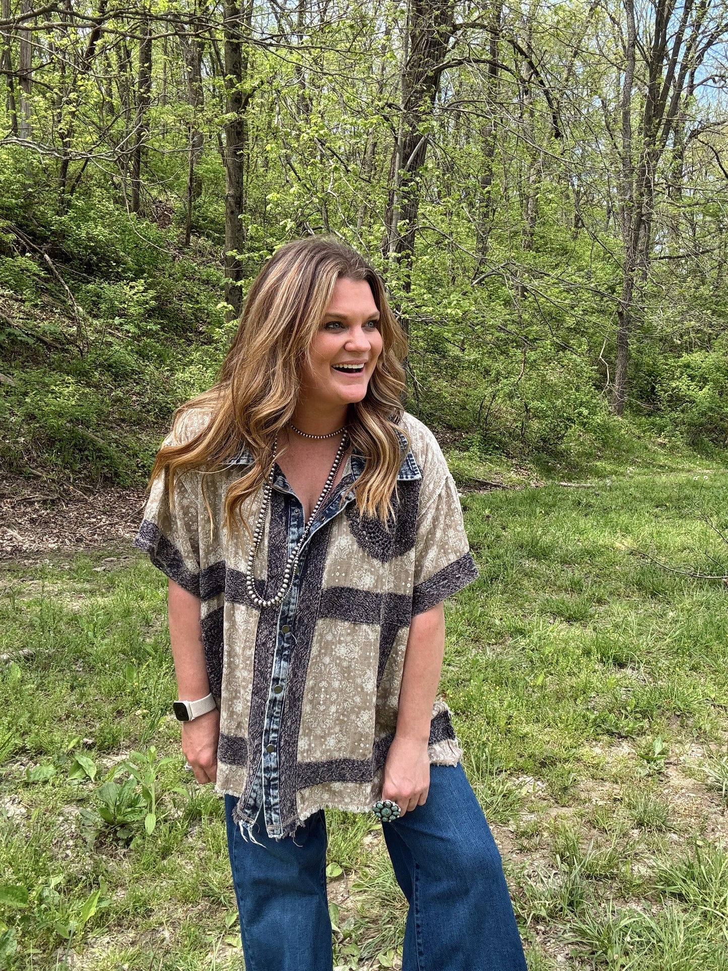 Denim + Lace Crochet Patch Button Down