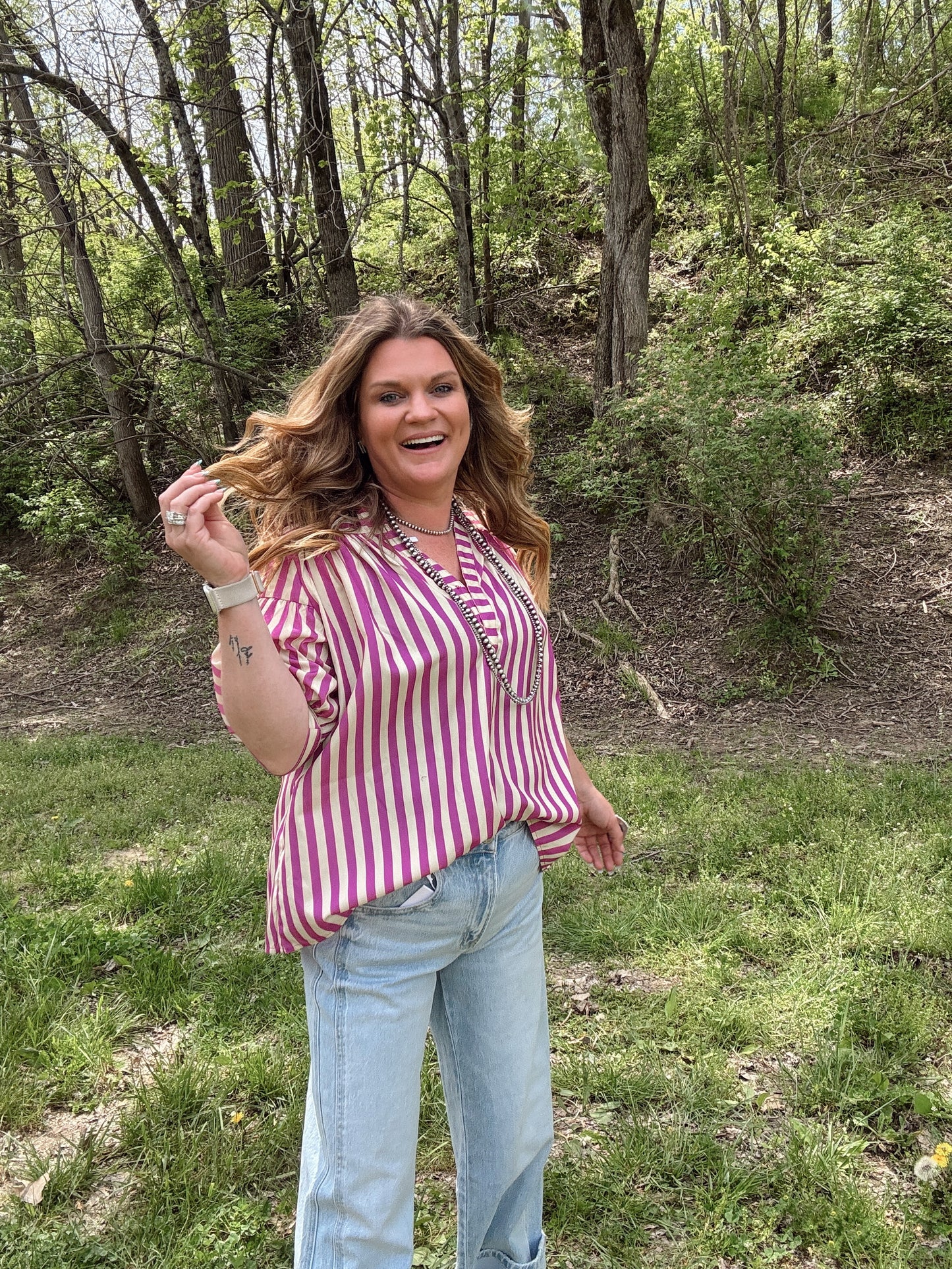 Magenta + Taupe Striped Blouse