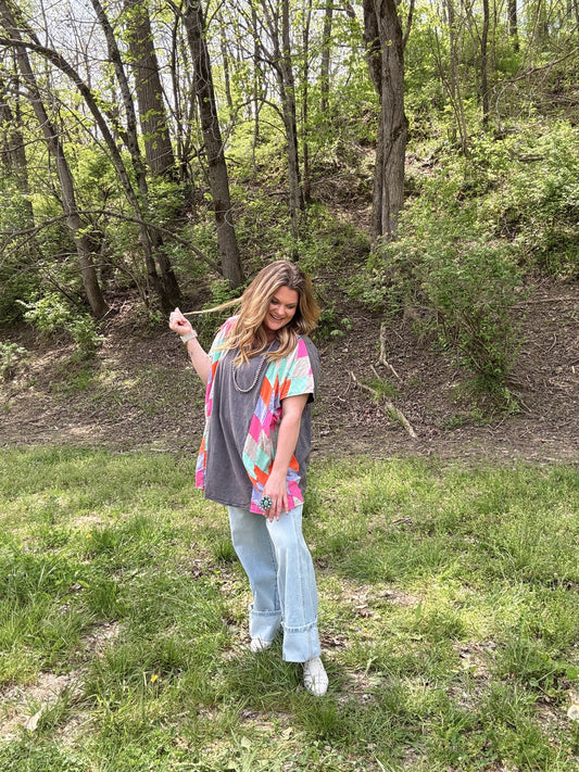 Washed Navy Patchwork Oversize Top