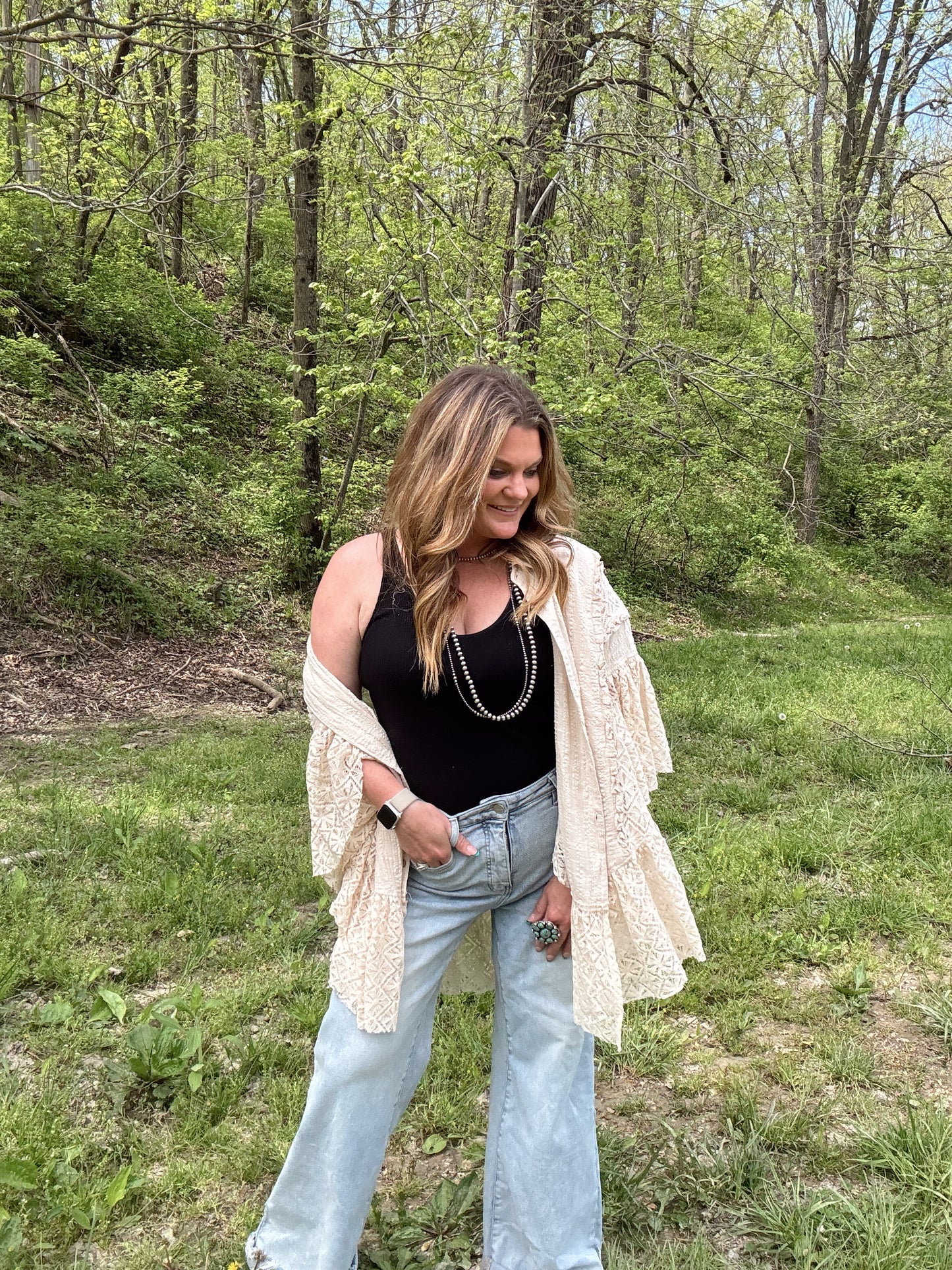 Washed Lace Ruffle Button Down Blouse