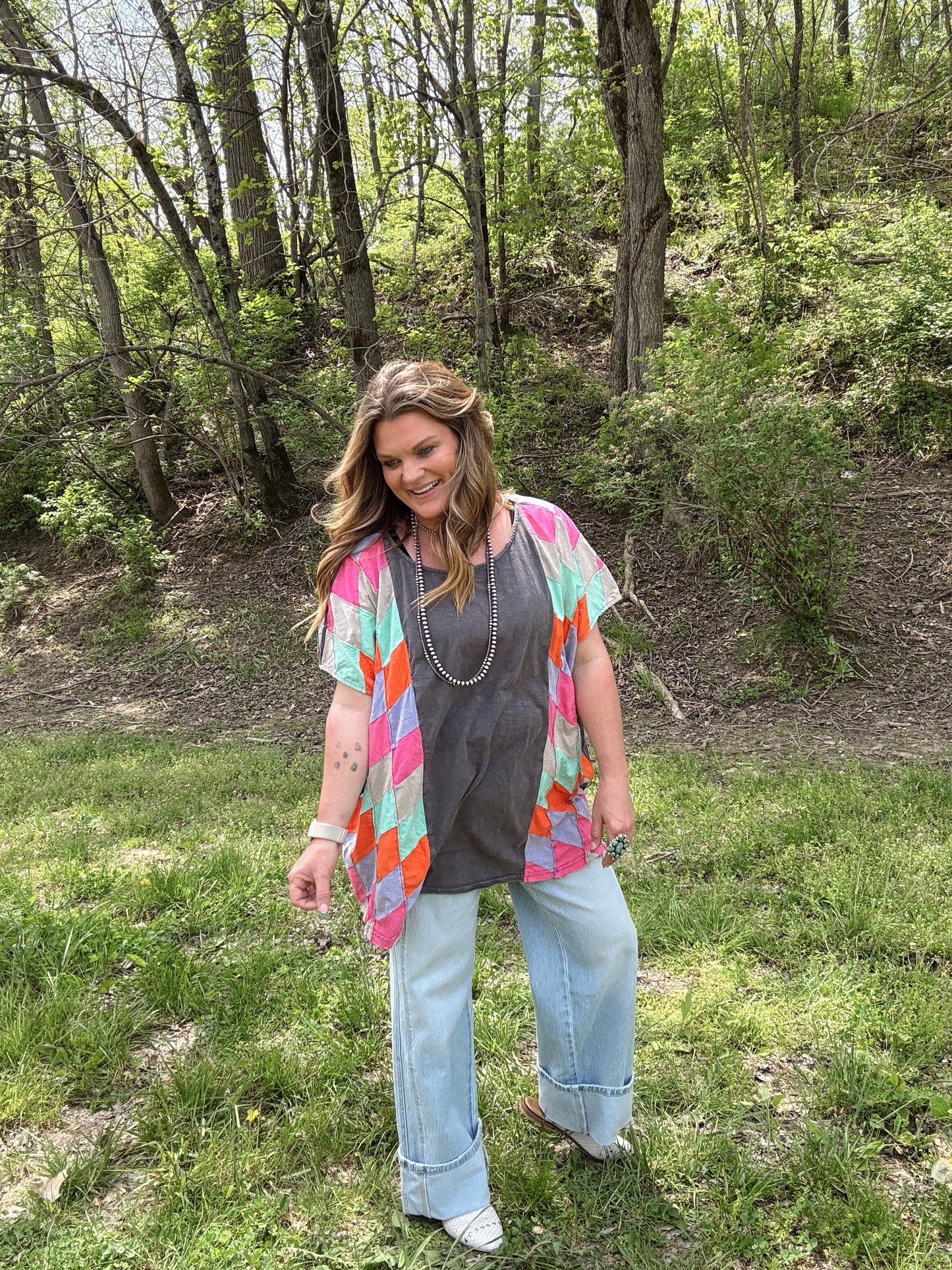 Washed Navy Patchwork Oversize Top