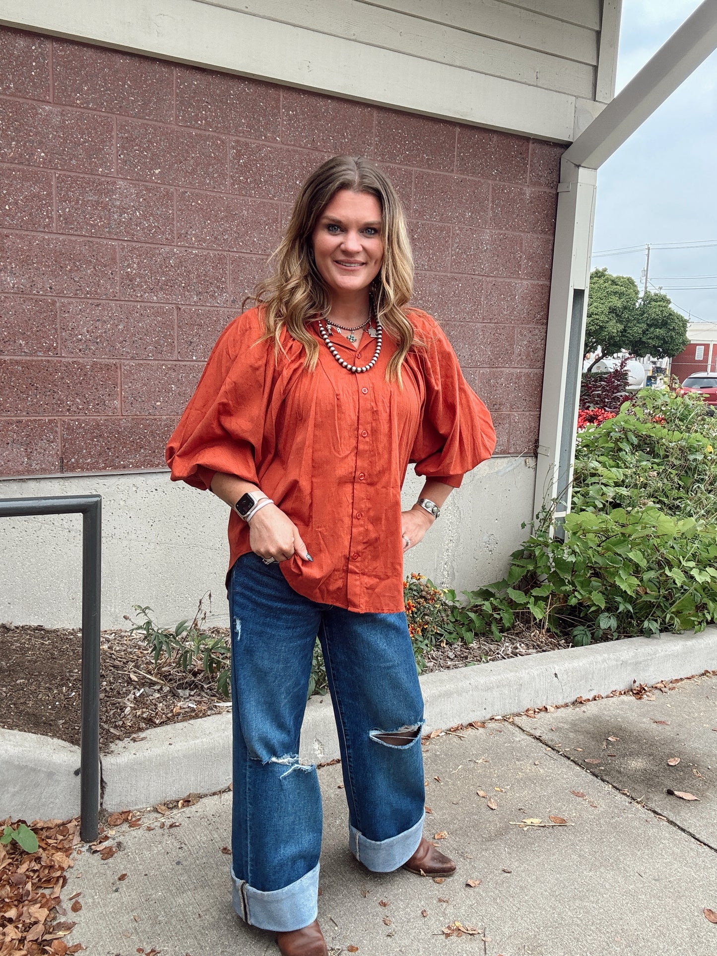 Brick Balloon Sleeve Textured Blouse