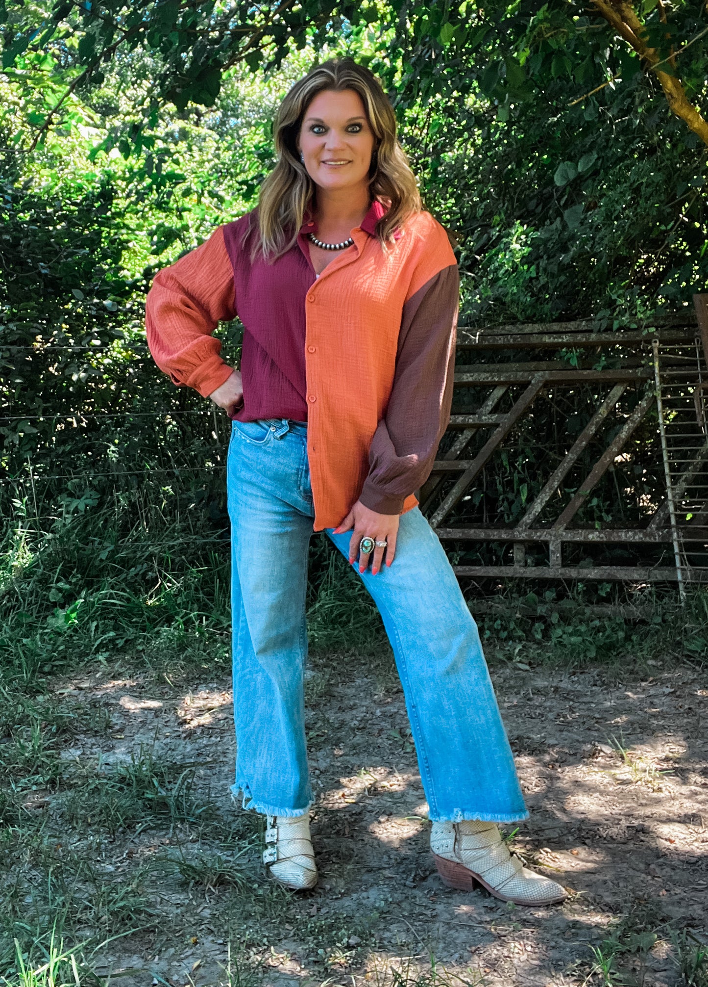 Burgundy + Rust Gauze Color Block Button Up