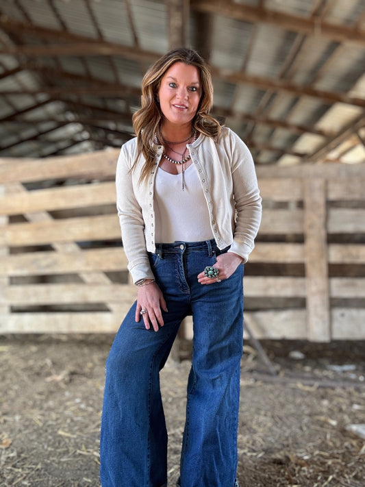 Cream Button-Down Ribbed Knit Top