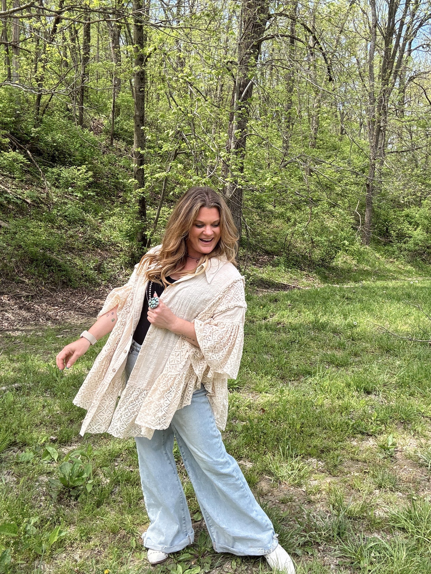 Washed Lace Ruffle Button Down Blouse