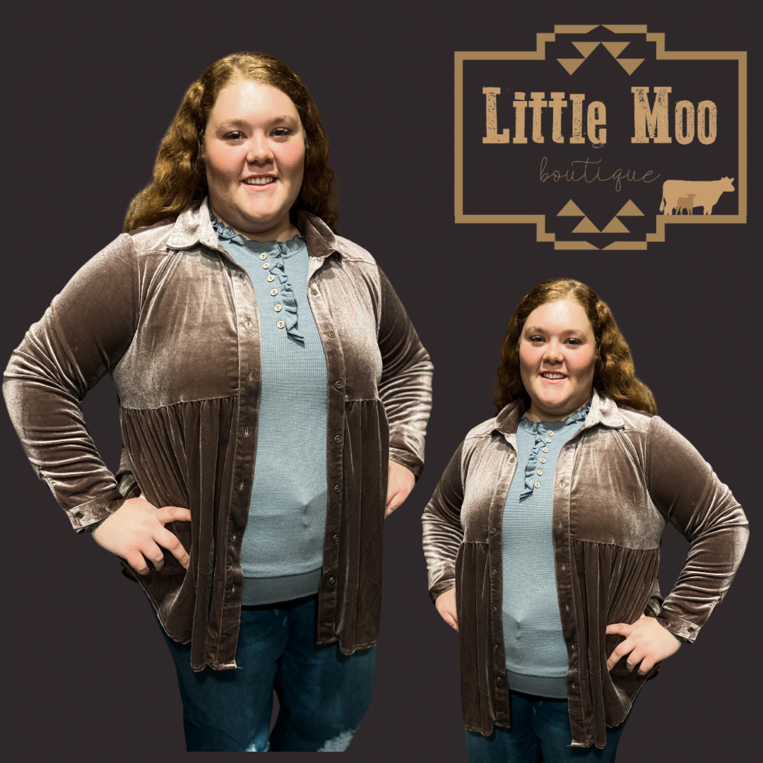 Taupe Velvet Button Down {S-2X}
