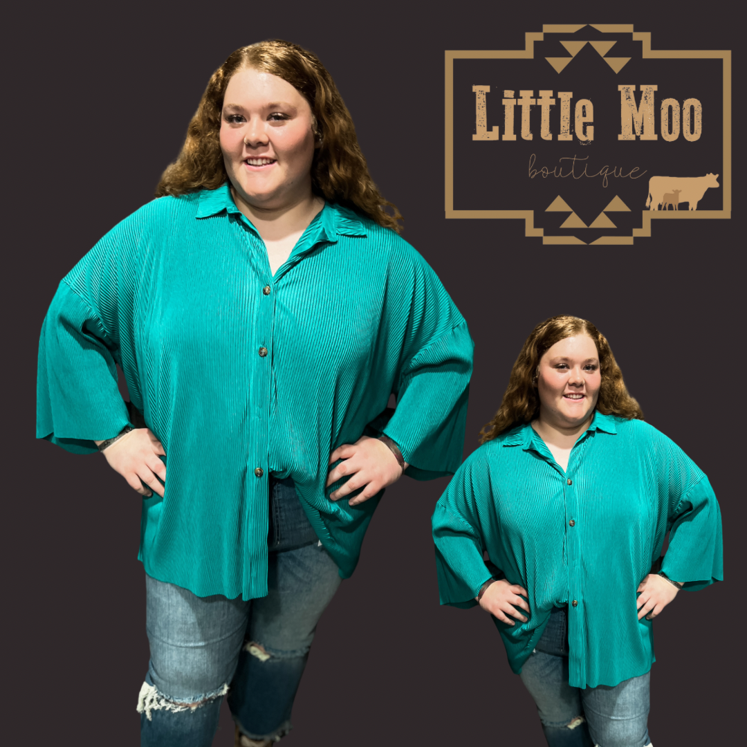 Jade Green Crinkle Pleated Button Down {S-3X}