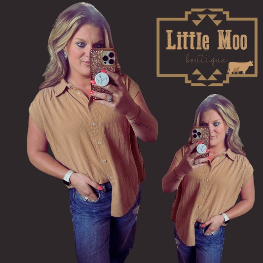 Mocha Linen Cuff Sleeve Top