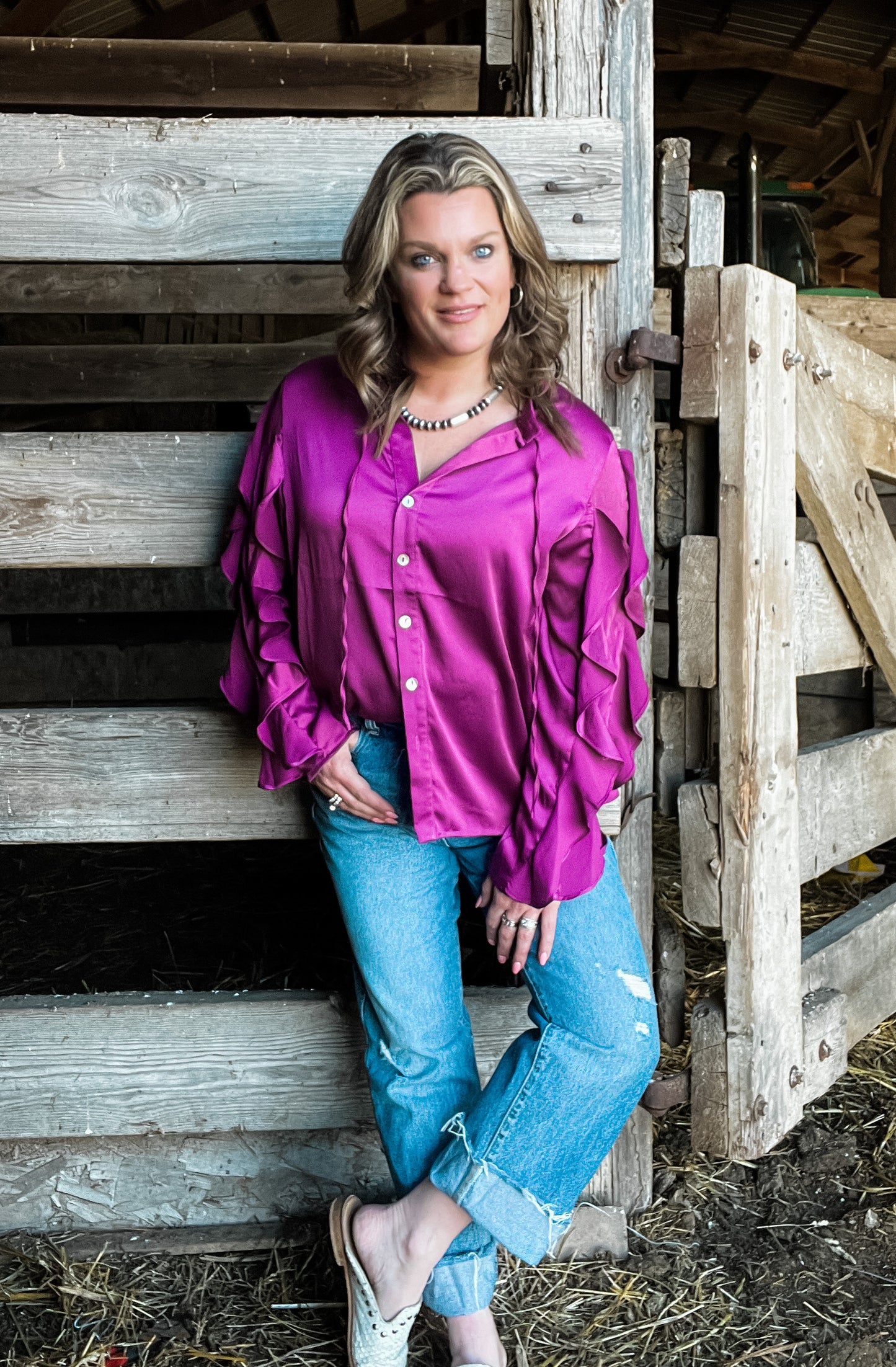 Satin Plum Ruffle Sleeve Top