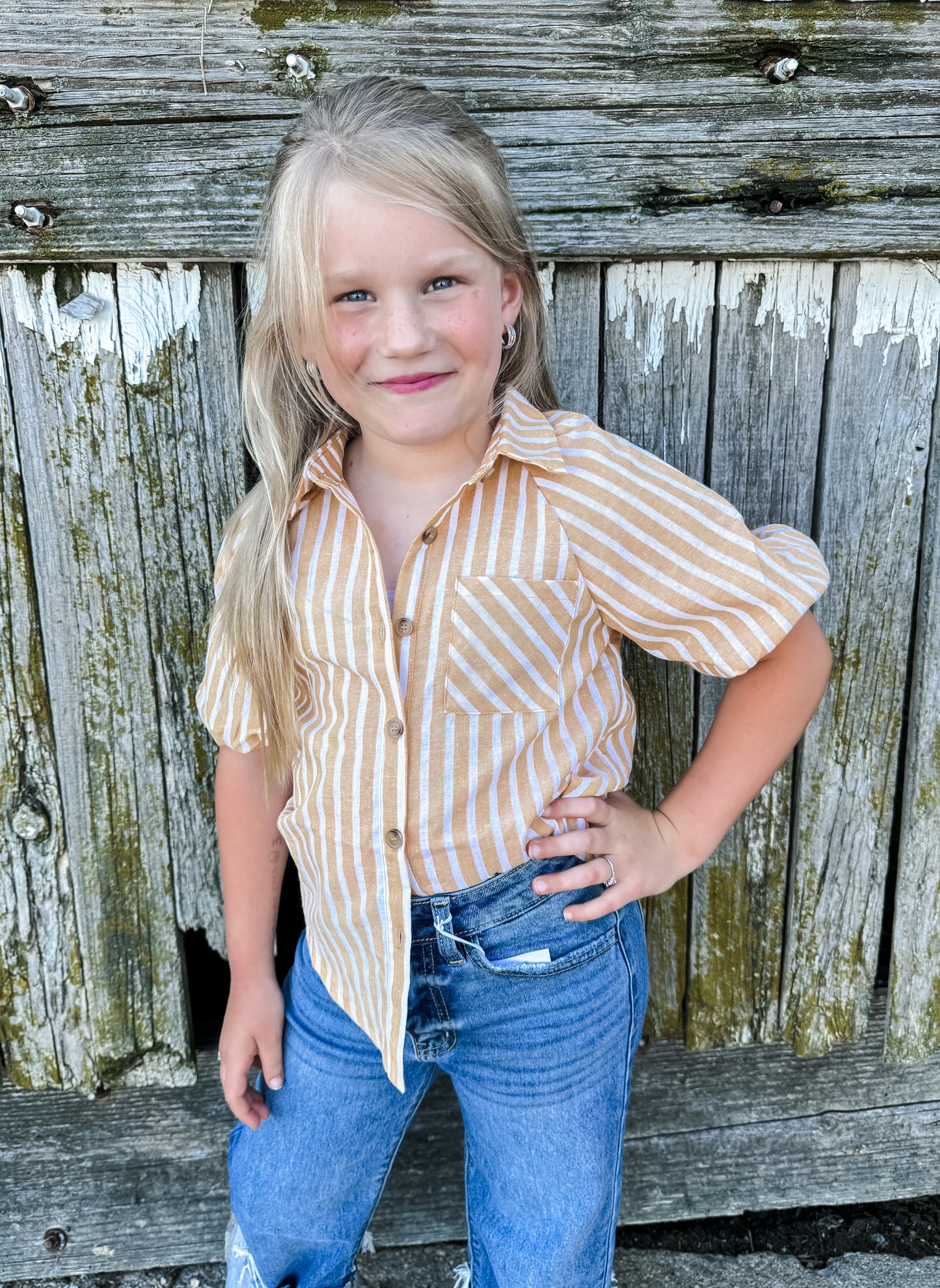 Girls Yellow Striped Puff Sleeve Button Down