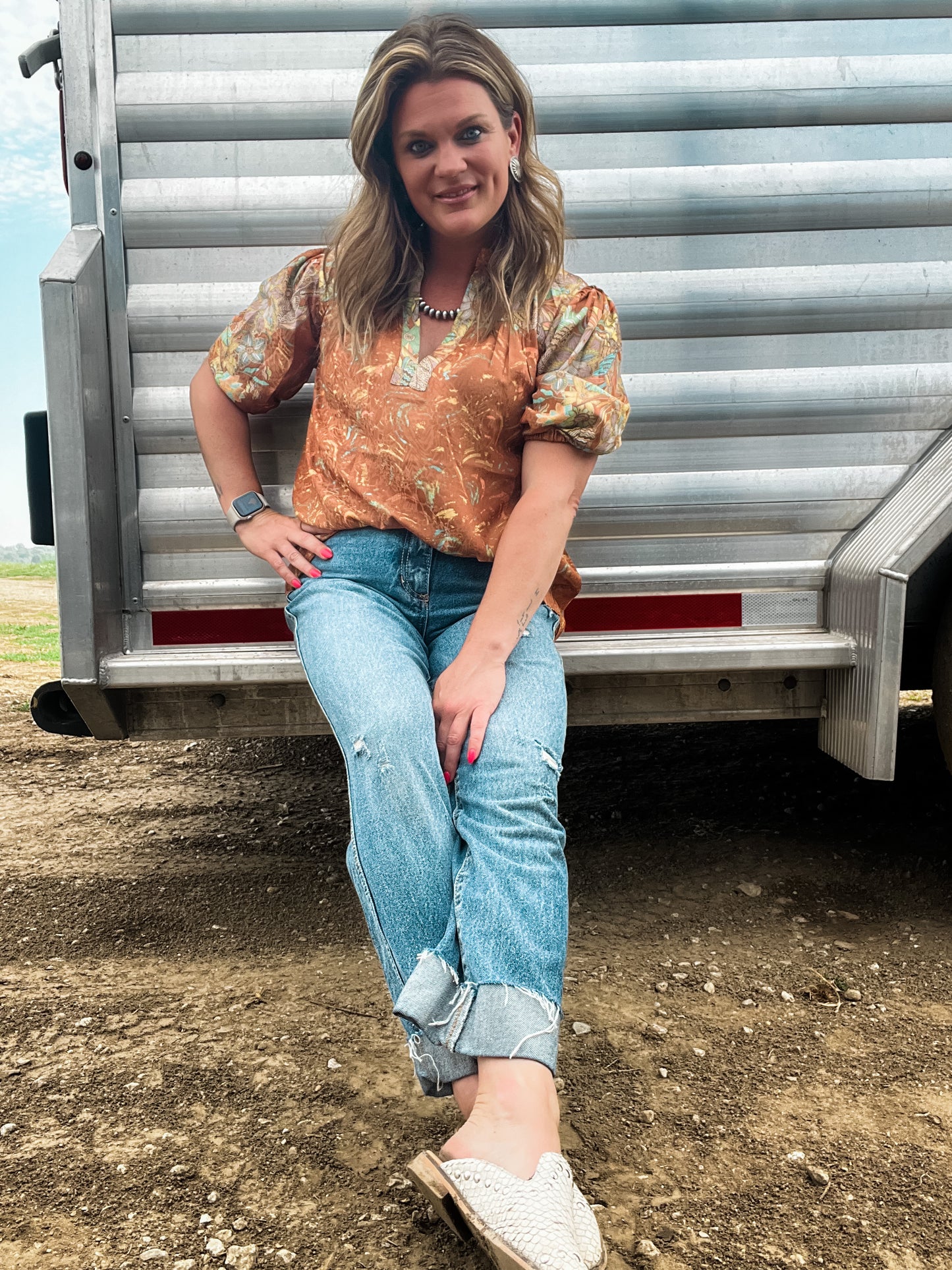 Border Print V-Neck Blouse