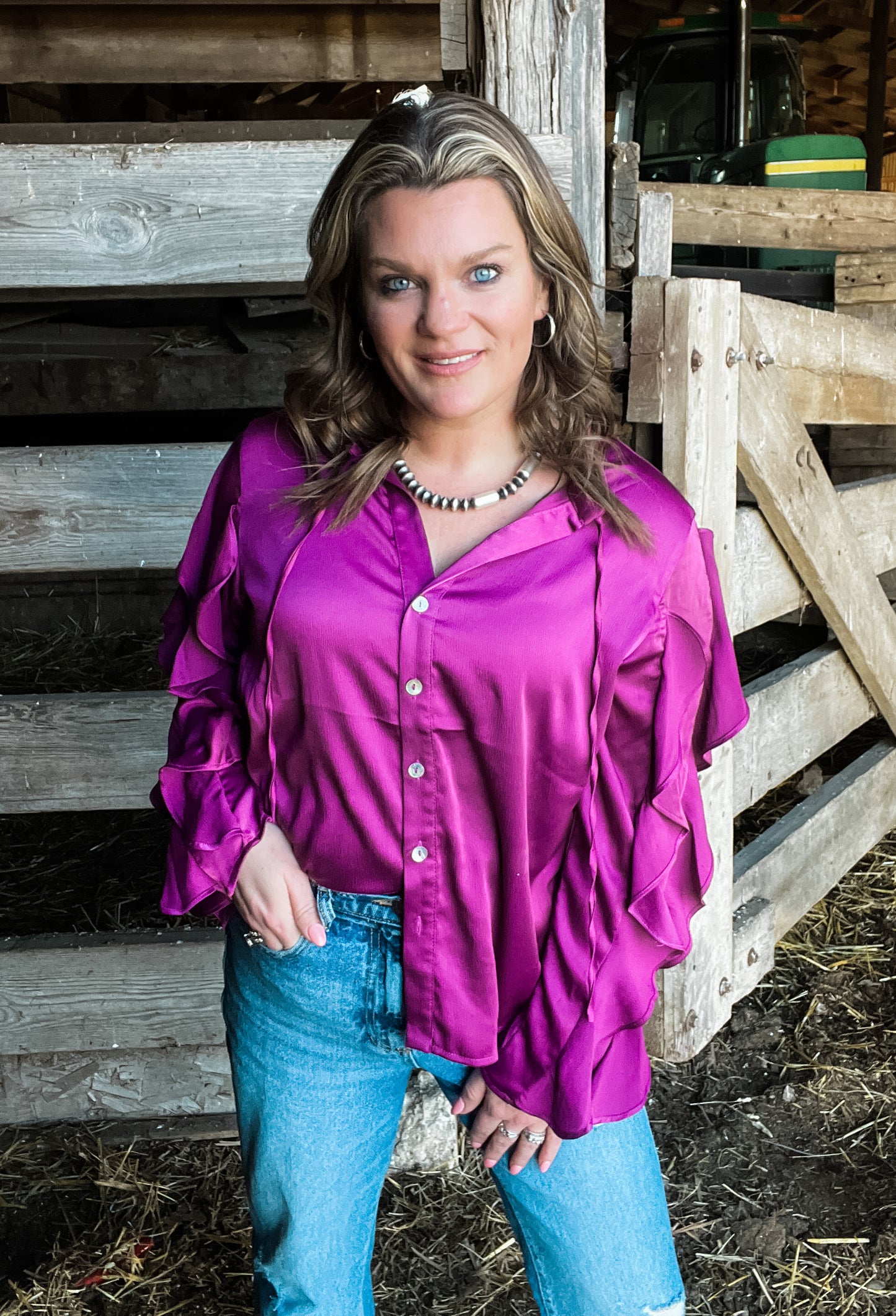 Satin Plum Ruffle Sleeve Top