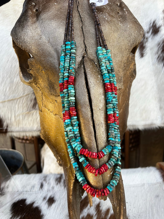 3 Strand Turquoise + Red Spiny Necklace