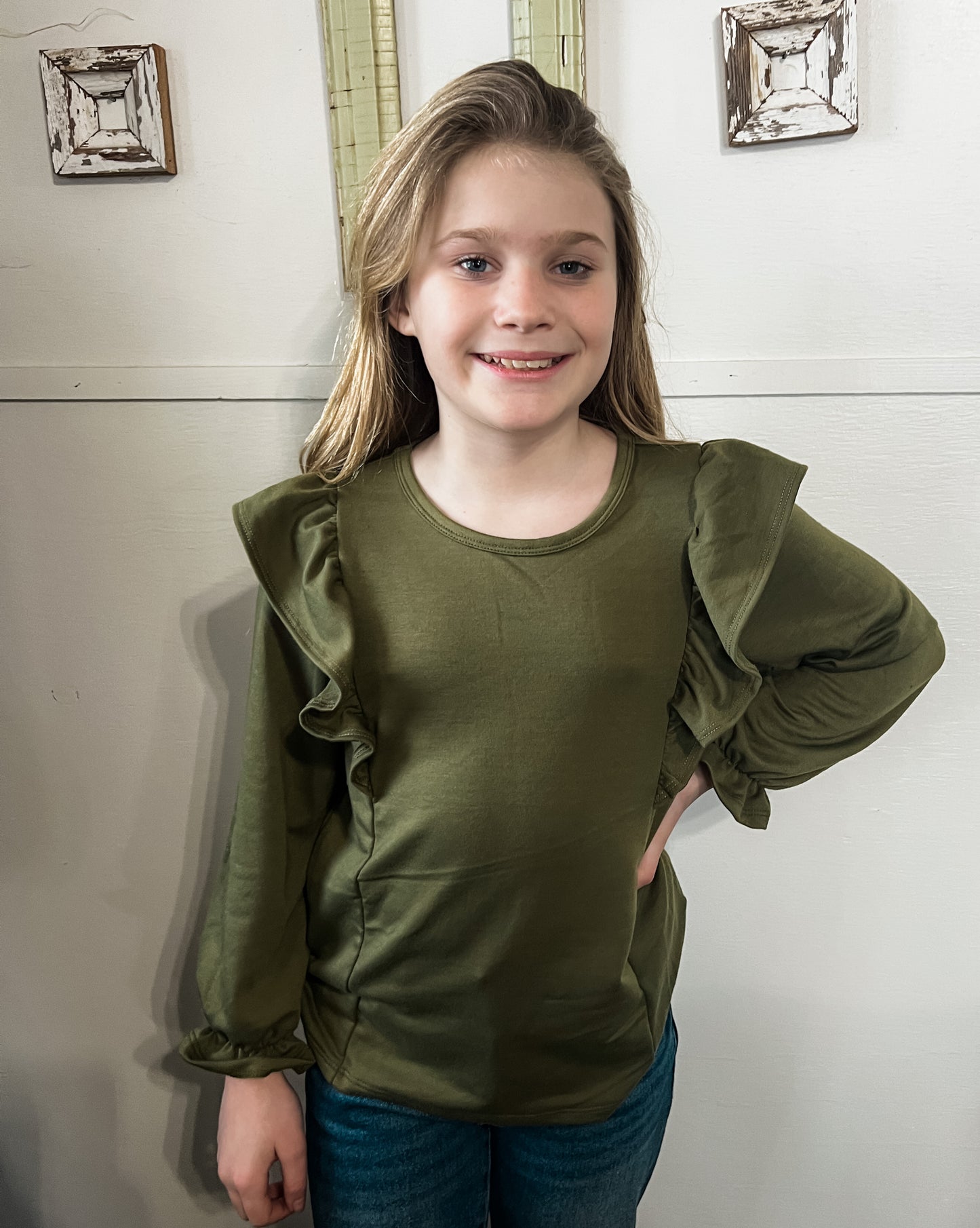 Girls Olive Soft Terry Ruffle Top