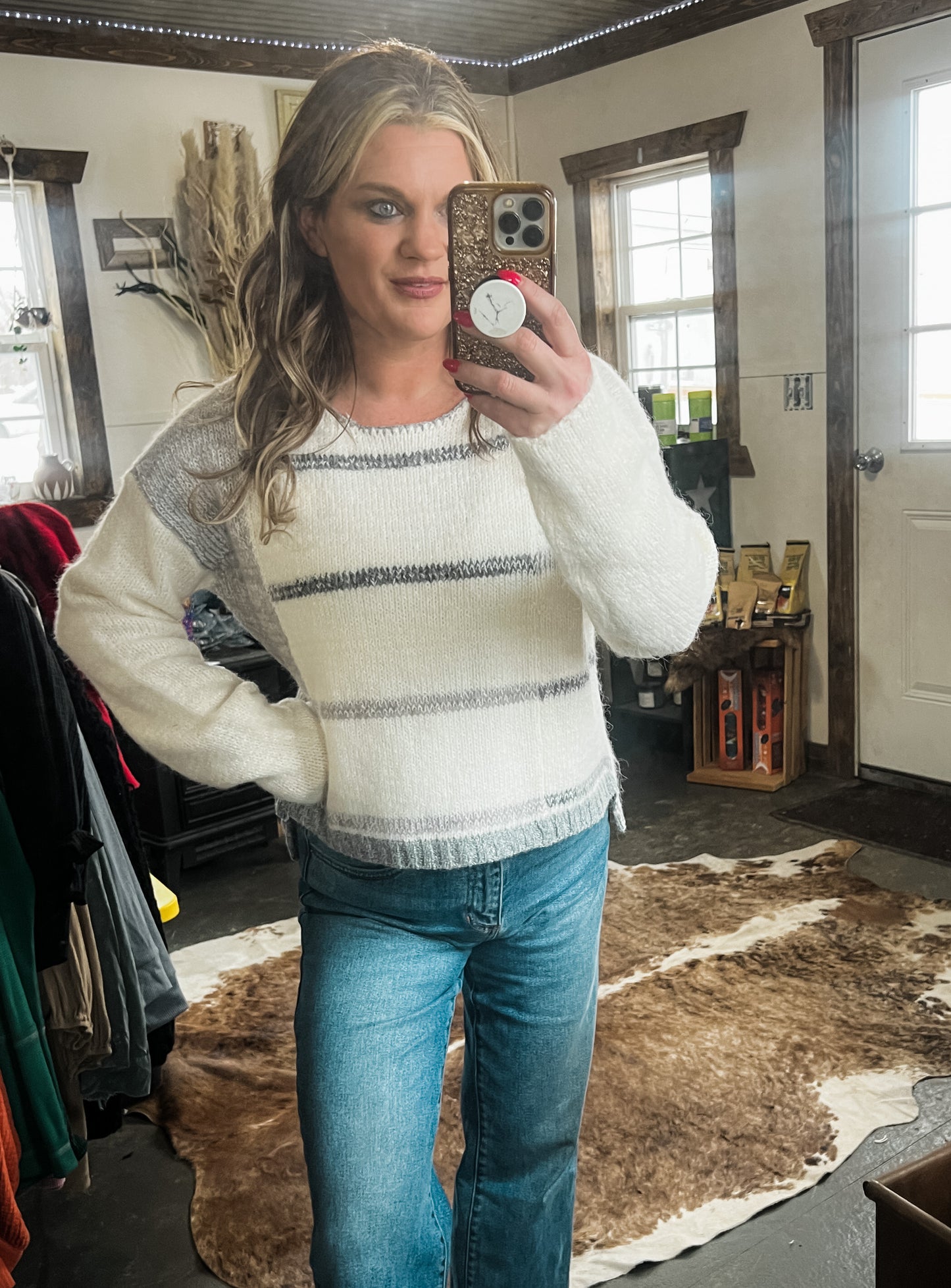 Gray + White Striped Color Block Sweater