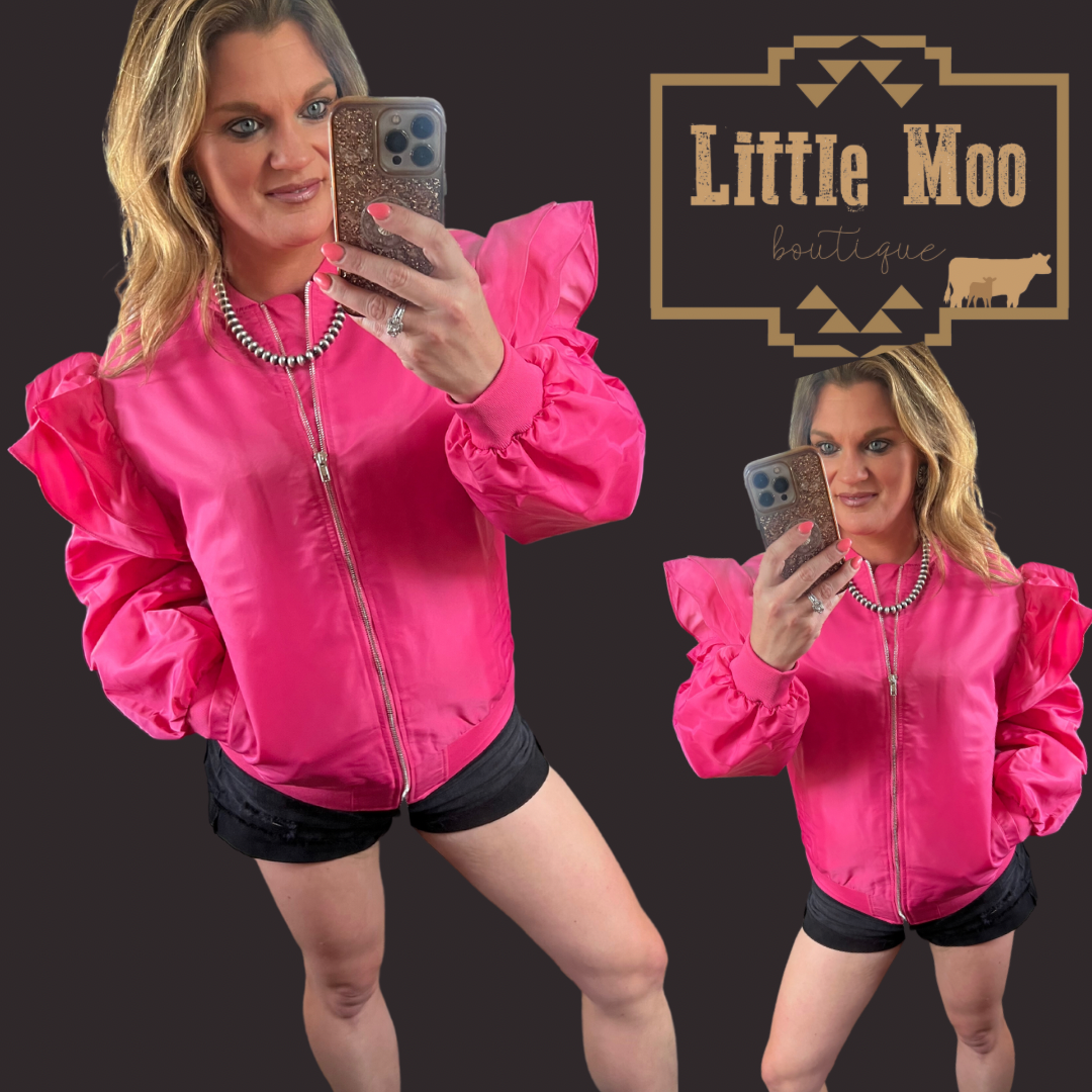 Pink Ruffle Sleeve Bomber Jacket