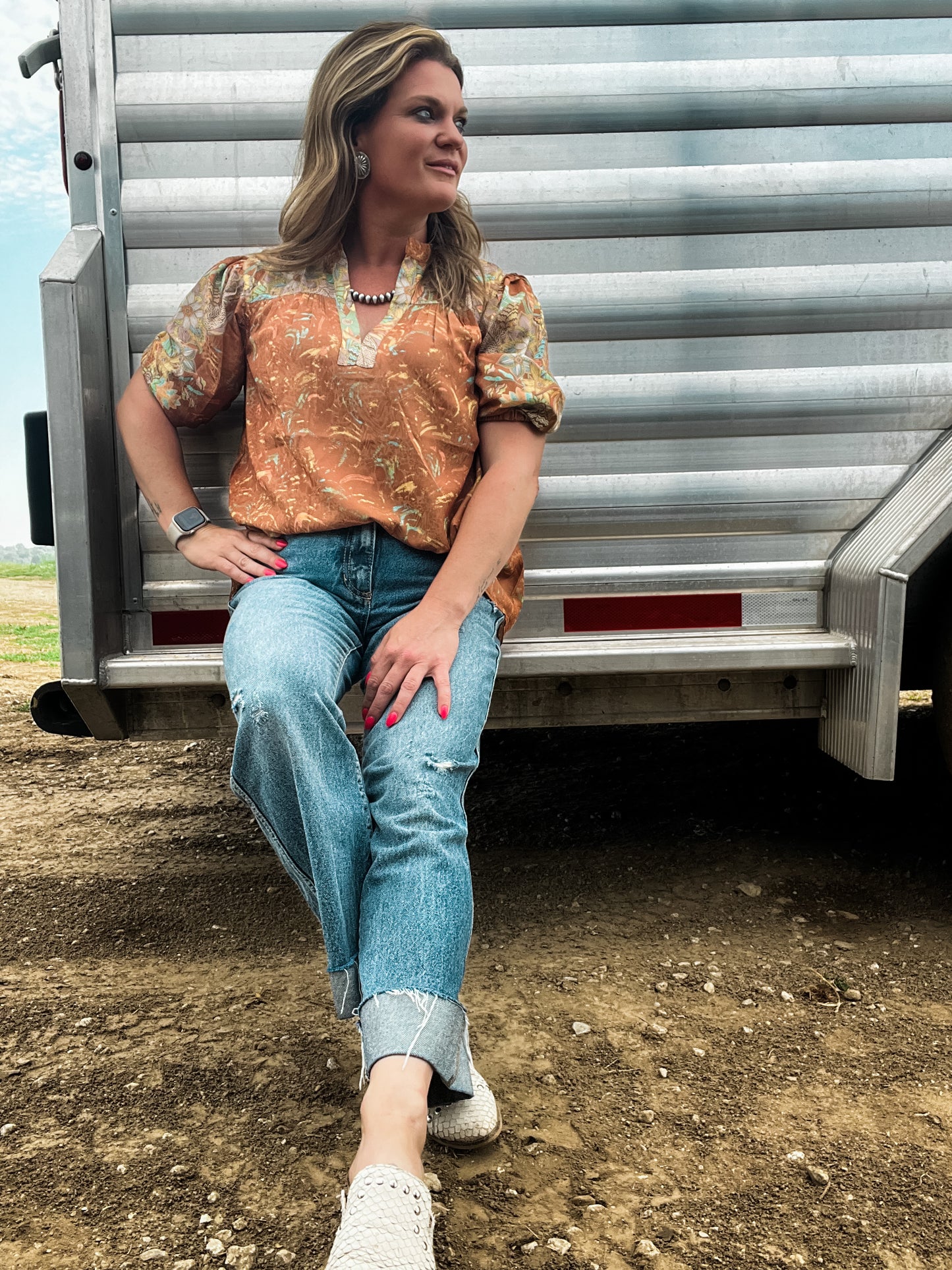 Border Print V-Neck Blouse