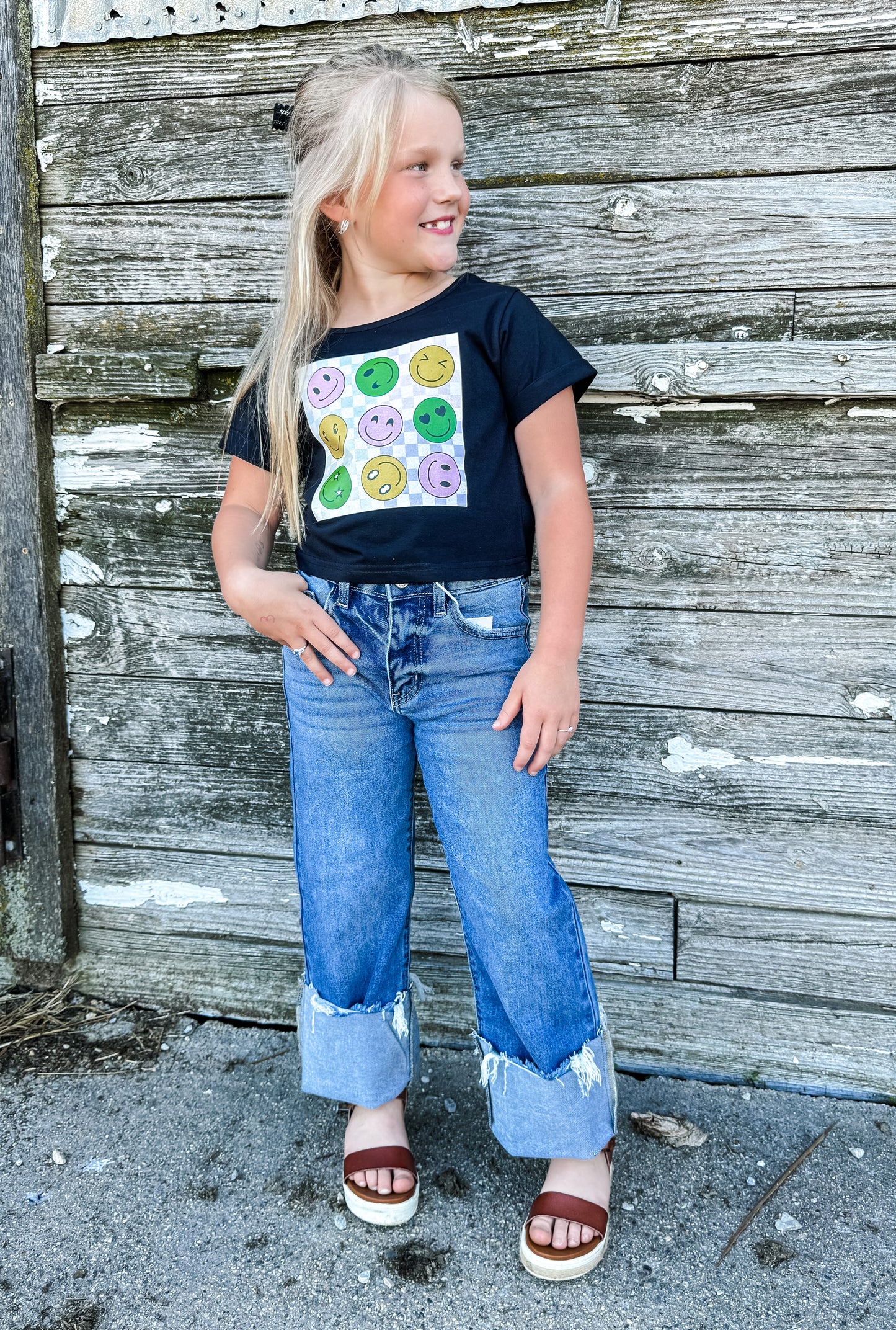 Girls Smiley Face Checkered Tee