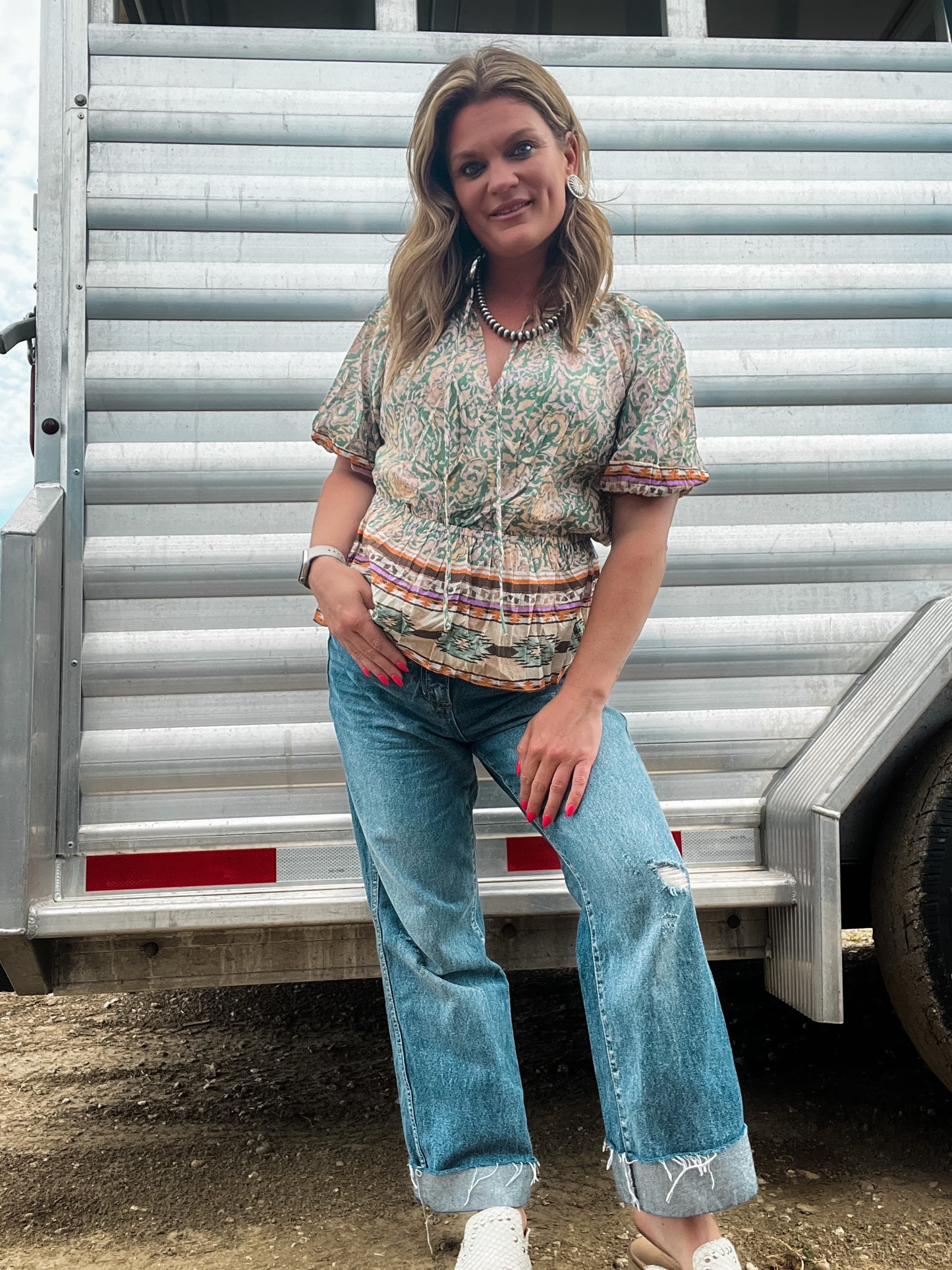 Border Print Peplum Top