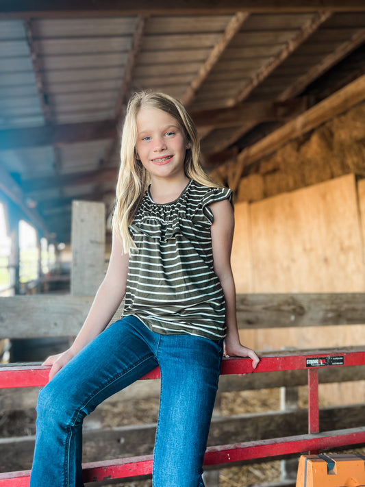 Girls Olive Stripe Ruffle Top