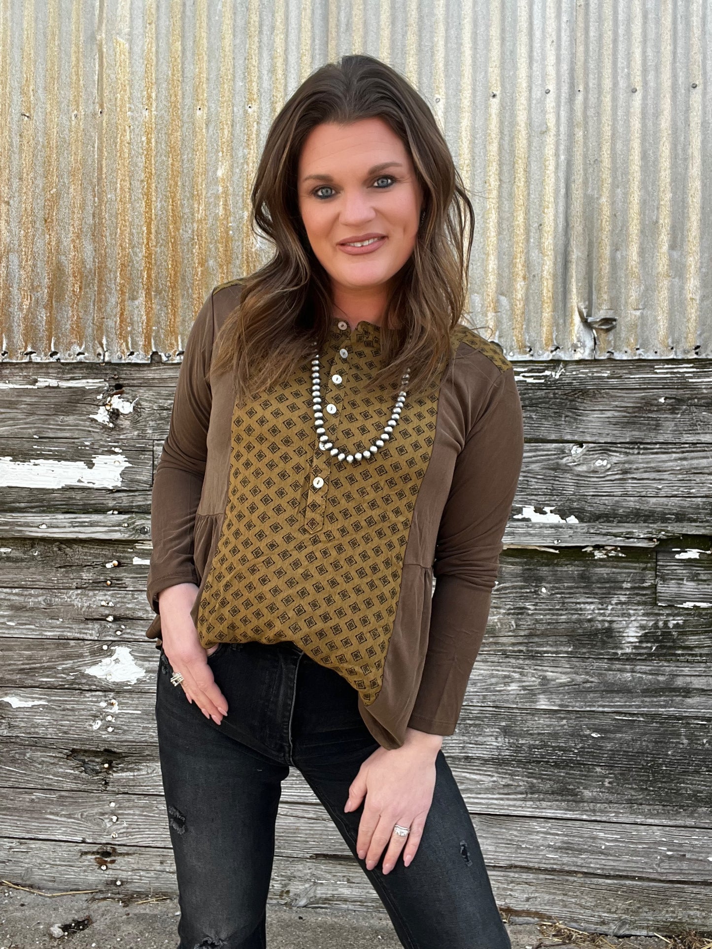 Olive/Brown Abstract Blouse