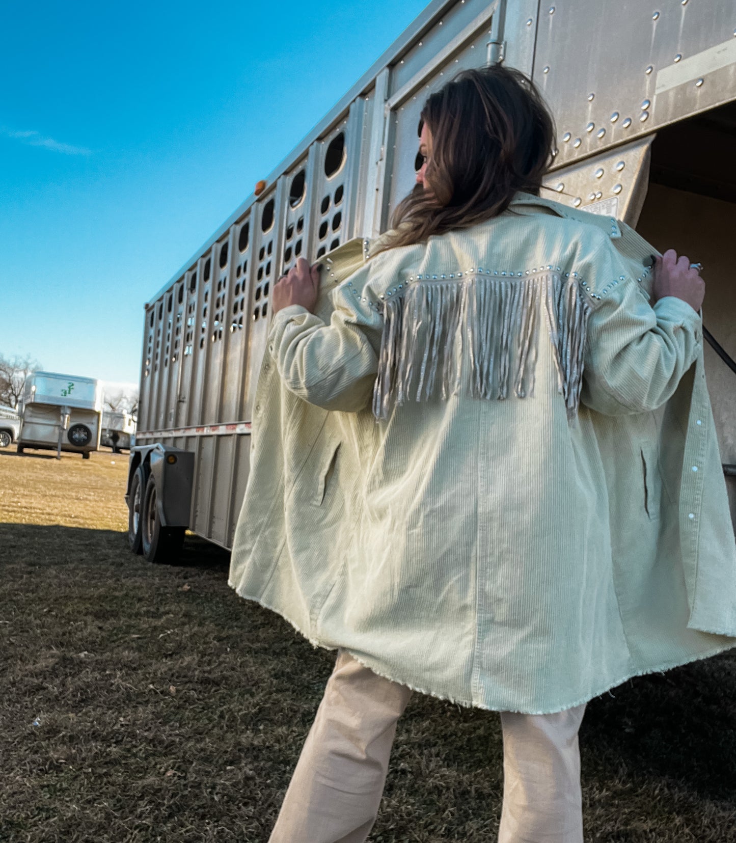 Ivory Corduroy Stud + Fringe Jacket