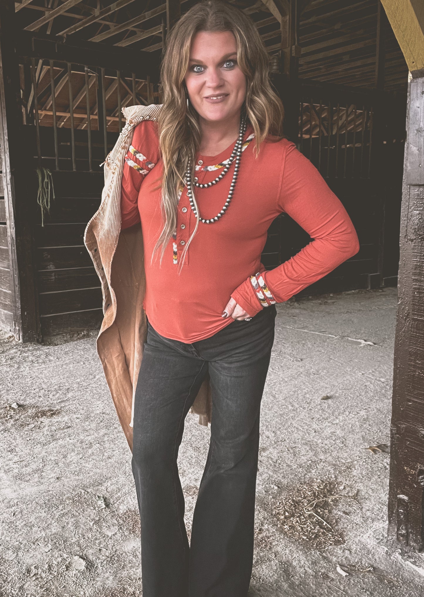 Burnt Rust Fitted Top with Crochet Detail